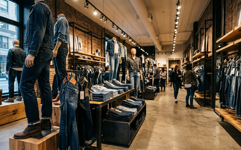Salon wyprzedażowy Jack & Jones w Ptak Outlet Rzgów. Industrialne wnętrze z ekspozycją jeansów premium, manekinami i ciepłym oświetleniem w nowoczesnym stylu.