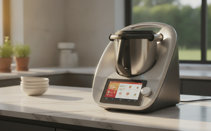 Thermomix TM7 na marmurowym blacie w sierpniowym słońcu. Nowoczesny robot kuchenny z cyfrowym ekranem w promocji raty zero. Design premium i mądra inwestycja.