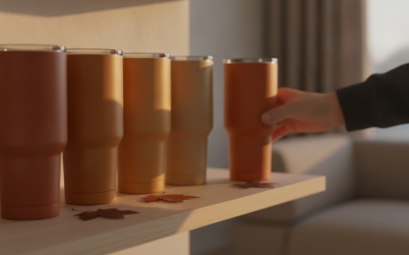 Jesienne kubki Stanley w kolorze terracotta na półce. Rozmyta ręka sięga po ostatni modny kubek termiczny w złotym świetle. Kultowy gadżet i jesienne liście.