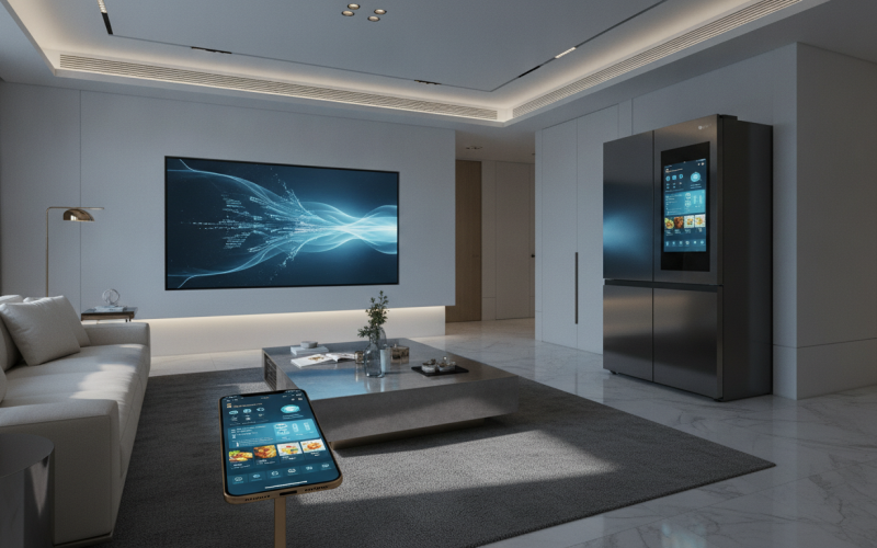 Interfejs smartfona Apple steruje lodówką LG i ekranem OLED w luksusowym salonie. Nowoczesny system inteligentnego domu w minimalistycznym wnętrzu.